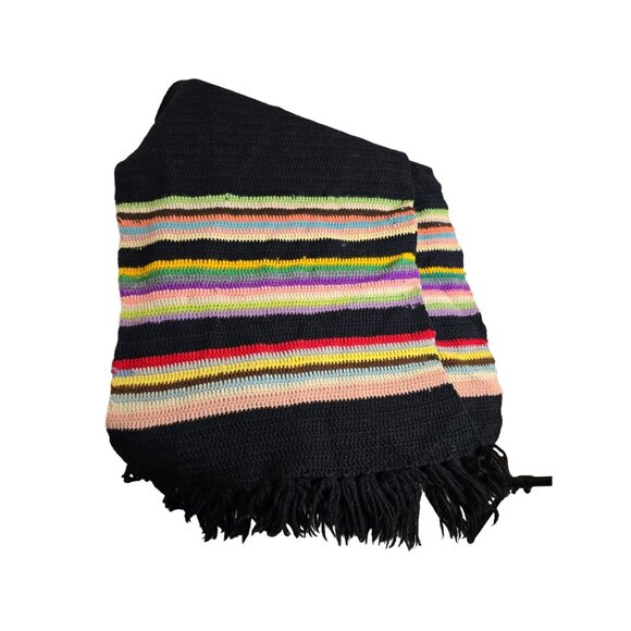 Handwoven Multicolor Striped Crochet Scarf With Fringe Retro 70s - Picture 2 of 3